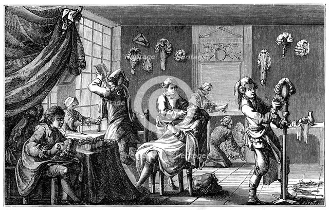 The Barber's Boutique, (1885).Artist: Charles Nicolas Cochin