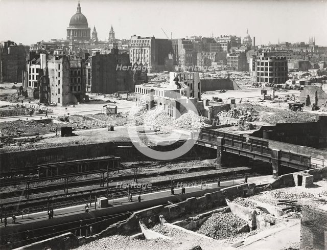 The Barbican area of the City of London, World War II, 1942. Artists: Arthur Cross, Fred Tibbs