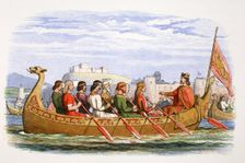The barge of Edgar manned by eight kings on the Dee, 973 (1864). Creator: James William Edmund Doyle