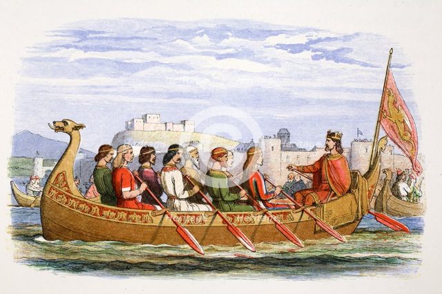 The barge of Edgar manned by eight kings on the Dee, 973 (1864). Creator: James William Edmund Doyle.