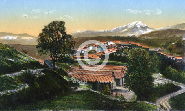The barracks with distant snow-capped mountains, Chakrata, India, early 20th century. Artist: Unknown