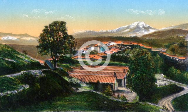 The barracks with distant snow-capped mountains, Chakrata, India, early 20th century. Artist: Unknown