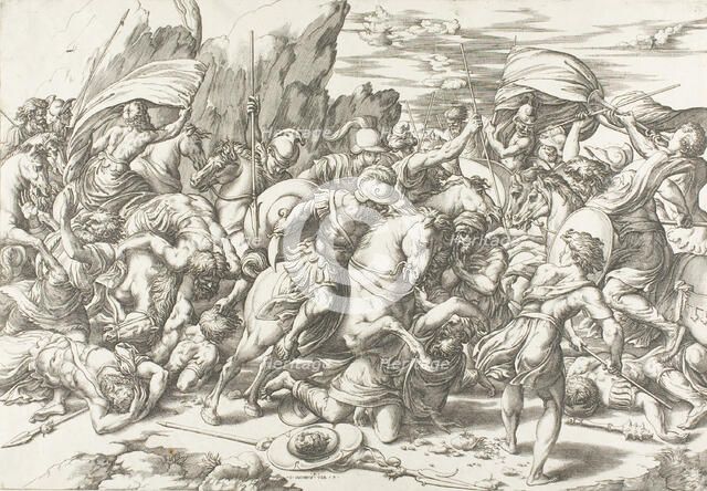 The Battle around the Shield and Lance, c.1527. Creators: Giovanni Jacopo Caraglio, Raphael.