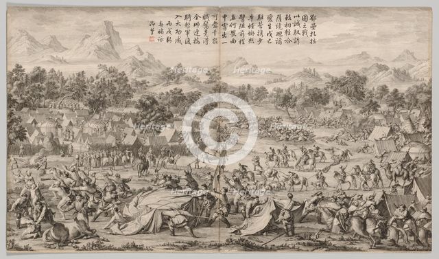 The Battle at Elei Zhalatu: from Battle Scenes of the Quelling of Rebellions...c. 1765-1774. Creator: Unknown.