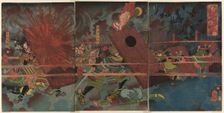 The Battle at Jinju during Masakiyo's Conquest of Korea (Masakiyo Sankan taiji, Shinshujo..., 1863. Creator: Tsukioka Yoshitoshi