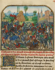 The Battle before Roussillon's Castle, written 1463-465; illuminated 1467-1472. Creators: Loyset Liedet, Pol Fruit