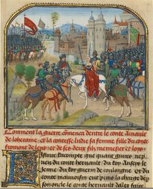 The Battle Between Arnault de Lorraine and His Wife Lydia, written 1463-1465; illuminated 1467-1472. Creators: Loyset Liedet, Pol Fruit