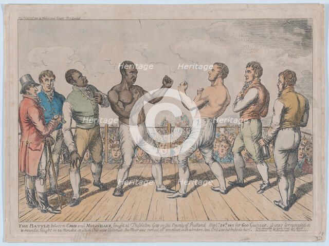 The Battle Between Cribb and Molineaux, September 28, 1811, October 3, 1811., October 3, 1811. Creator: George Cruikshank.
