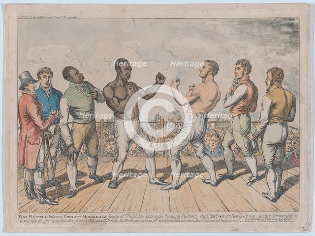 The Battle Between Cribb and Molineaux, September 28, 1811, October 3, 1811., October 3, 1811. Creator: George Cruikshank.