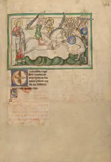 The Battle between the Horsemen and the Beast; Dyson Perrins Apocalypse, about 1255-1260. Creator: Unknown