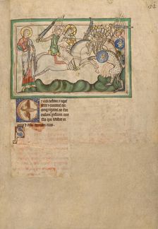 The Battle between the Horsemen and the Beast; Dyson Perrins Apocalypse, about 1255-1260. Creator: Unknown