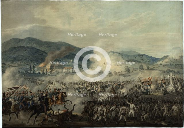 The battle between the Russian-Austrian and French troops.