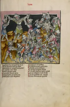 The Battle of the Amalekites: Moses Raising his Arms in Prayer; Weltchronik, about 1400-1410. Creator: Unknown