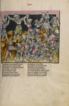 The Battle of the Amalekites: Moses Raising his Arms in Prayer; Weltchronik, about 1400-1410. Creator: Unknown