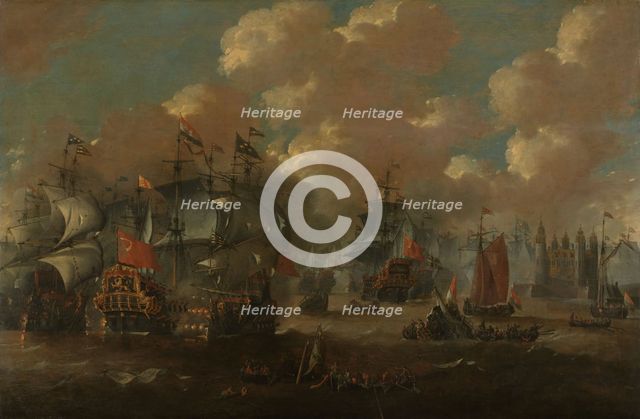 The Battle of the Sound with the Eendracht Engaging Two Swedish Warships, 1658, c.1670. Creator: Anon.