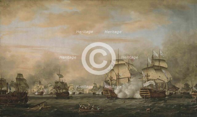 The Battle of the Saintes, 12 April 1782.  HMS Barfleur attacking the French flagship Ville de Paris Creator: Whitcombe, Thomas (1763-ca 1824).