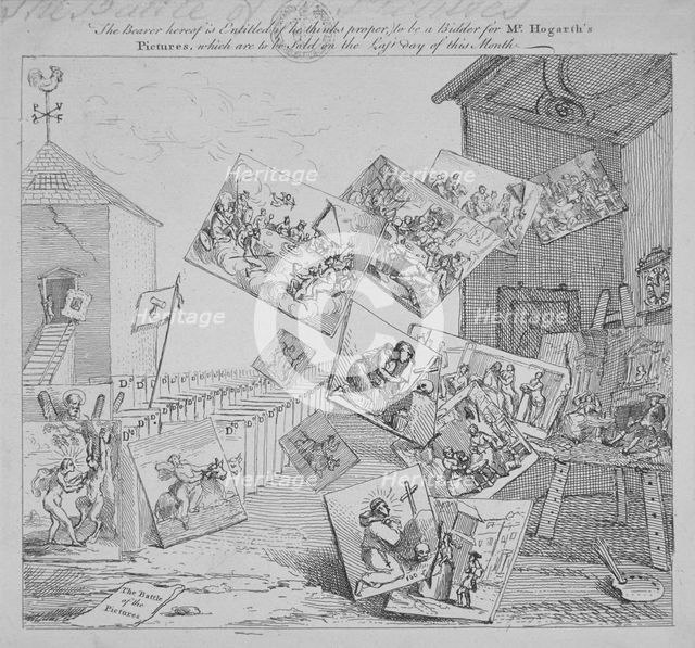 'The battle of the pictures; a bidder's ticket for Hogarth's auction of 19 paintings', 1744. Artist: William Hogarth