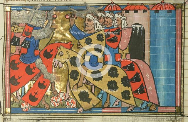 The Battle of Xerigordos in 1096 (From "Li rommans de Godefroy de Buillon et de Salehadin"), 1337. Creator: Maître de Fauvel (active 1314-1340).