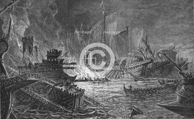 The Battle of Actium, at which Augustus defeated Antony and Cleopatra, 31 BC (1908). Artist: Unknown.