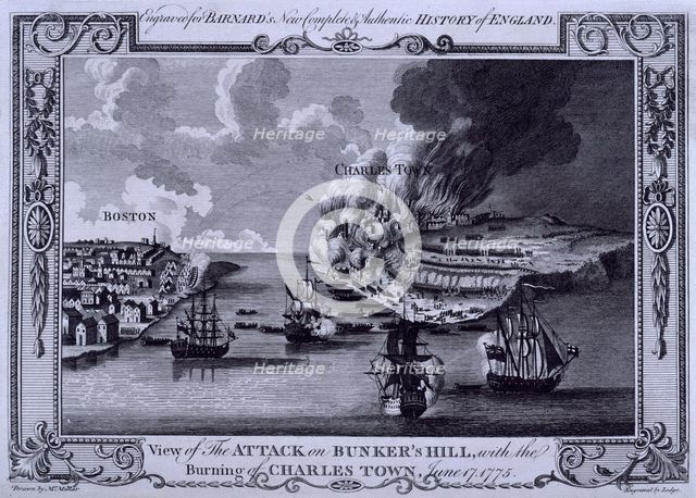 The Battle of Bunker Hill and the burning of Charlestown, America, on 17 June 1775, (c1775?). Creator: Lodge.