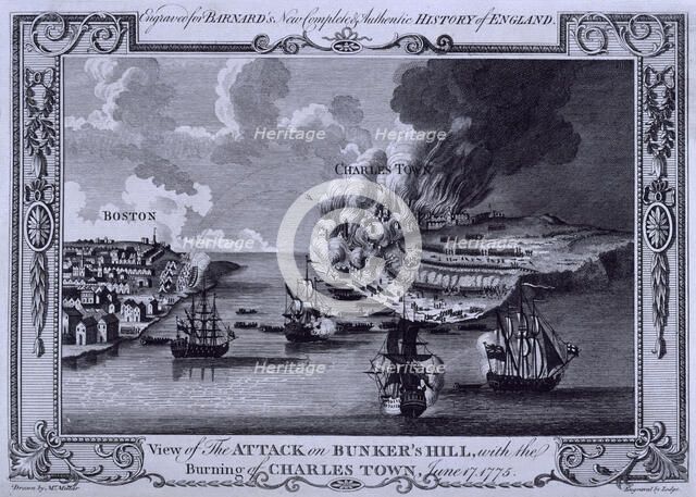 The Battle of Bunker Hill and the burning of Charlestown, America, on 17 June 1775, (c1775?). Creator: Lodge.