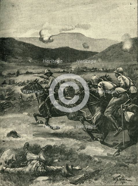 'The Battle of Colenso: Lieutenant Roberts Galloping Forward..., 1899, (c1900). Creator: William Barnes Wollen.