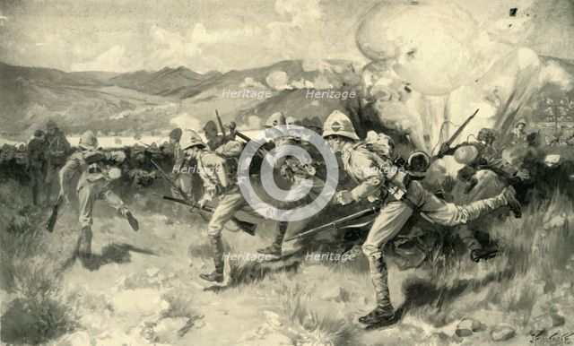 'The Battle of Colenso - Queen's (Royal West Surrey) Regiment Leading the Central Attack', 1900. Creator: Joseph Finnemore.