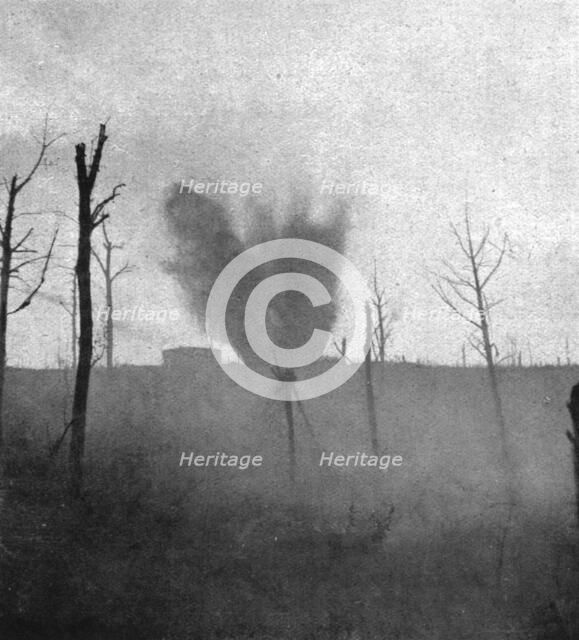 The Battle of La Malmaison; During our artillery fire: explosion of a large French shell..., 1917. Creator: Unknown.