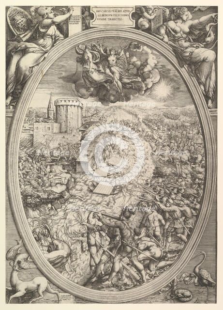 The Battle of Mühlberg with the army of Charles V crossing the Elbe River, 1551. Creator: Enea Vico.