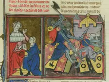 The Battle of Nahr al-Kalb in 1100 (From "Li rommans de Godefroy de Buillon et de Salehadin"), 1337. Creator: Maître de Fauvel (active 1314-1340)