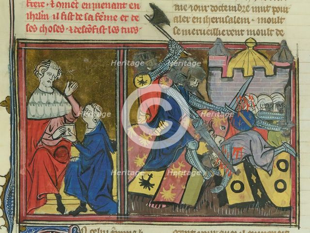 The Battle of Nahr al-Kalb in 1100 (From "Li rommans de Godefroy de Buillon et de Salehadin"), 1337. Creator: Maître de Fauvel (active 1314-1340).