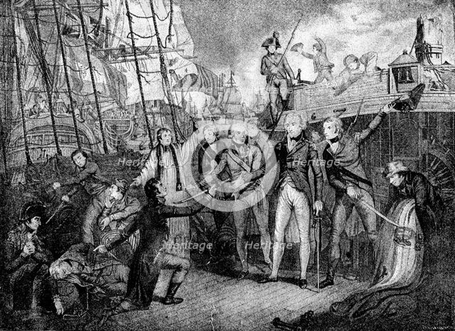 'The Battle off Cape St. Vincent;Commodore Nelson receiving the Sword of the Dying Spaninish...'1891 Creator: Daniel Orme.