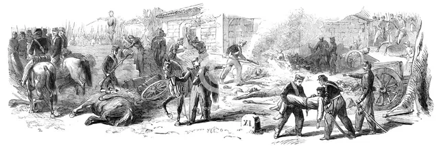 The Battle on the Volturno - battery where the Neapolitans burnt the wounded Garibaldians..., 1860. Creator: Unknown.