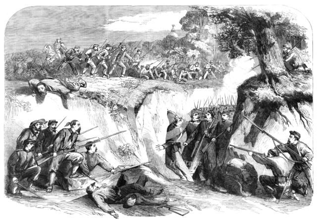 The Battle on the Volturno - the Neapolitan troops passing along a ravine..., 1860. Creator: Unknown.