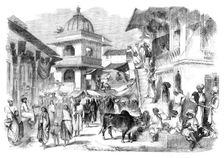 The Bazaar, Oodipoor, Rajpootana - from a drawing by W. Carpenter Jun., 1858. Creator: Unknown