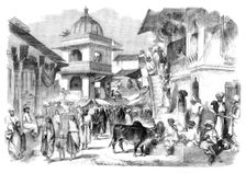 The Bazaar, Oodipoor, Rajpootana - from a drawing by W. Carpenter Jun., 1858. Creator: Unknown