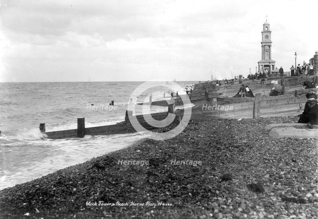 The beach and Clock Tower, Herne Bay, Kent, 1890-1910. Artist: Unknown