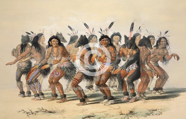 The Bear Dance (detail), pub. 1845 (colour lithograph). Creator: George Catlin (1796 - 1872).