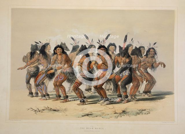 The Bear Dance, pub. 1845 (colour lithograph). Creator: George Catlin (1796 - 1872).