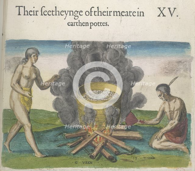 The beauty of the earthenware vessels in which they cook food, 1618. Creators: Theodor de Bry, John White.