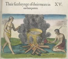 The beauty of the earthenware vessels in which they cook food, 1618. Creators: Theodor de Bry, John White