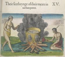 The beauty of the earthenware vessels in which they cook food, 1618. Creators: Theodor de Bry, John White