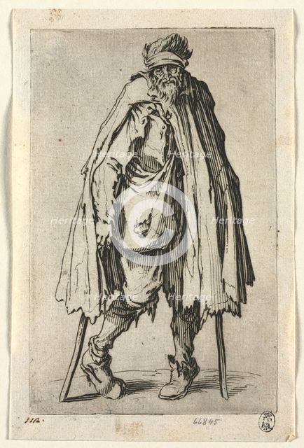 The Beggars: Beggar on Crutches with a Bag , c. 1623. Creator: Jacques Callot (French, 1592-1635).
