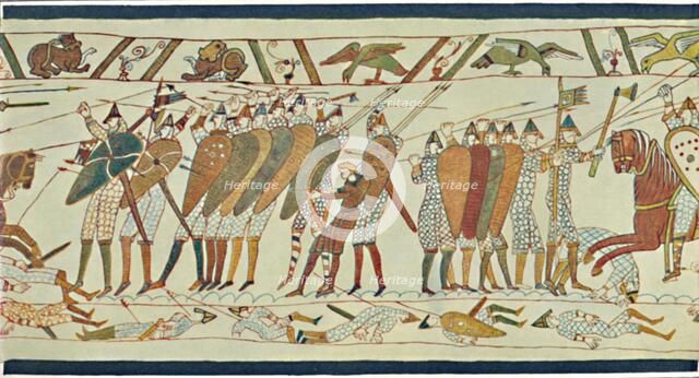 'The Beginning of the Battle of Senlac (Bayeux Tapestry)', c15th century, (1902). Artist: Unknown.