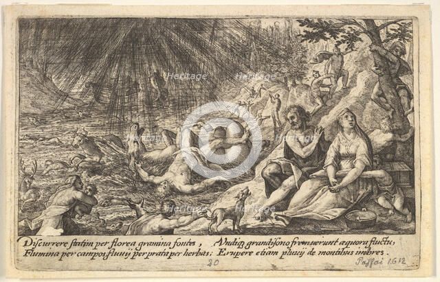 The beginning of the Flood: men and women climb to higher ground at right, water overtakin..., 1612. Creator: Crispijn de Passe I.