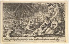The beginning of the Flood: men and women climb to higher ground at right, water overtakin..., 1612. Creator: Crispijn de Passe I