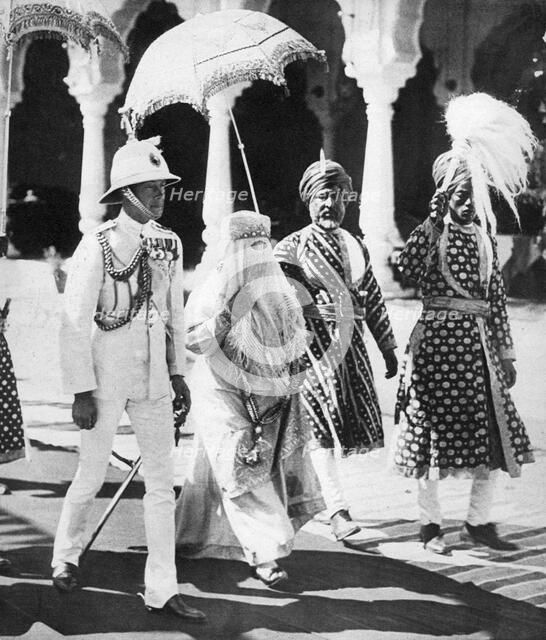 The Begum of Bhopal escorts the Prince of Wales to the Durbar Hall, India, 1921. Artist: Unknown