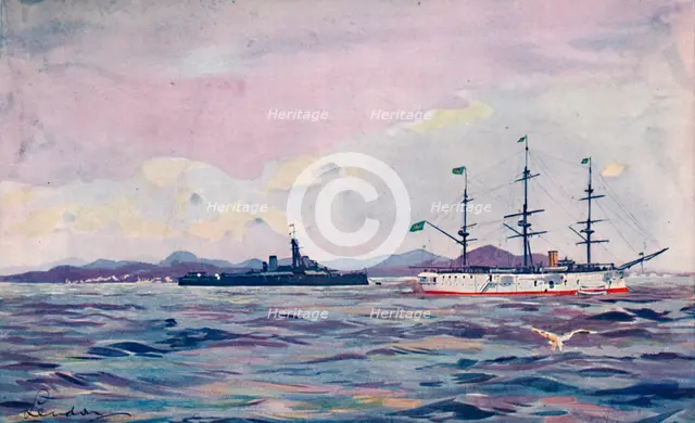 'The Benjamin Constant Training Cruiser and the dreadnought Minas Geraes in Rio Harbour', 1914. Artist: Unknown.