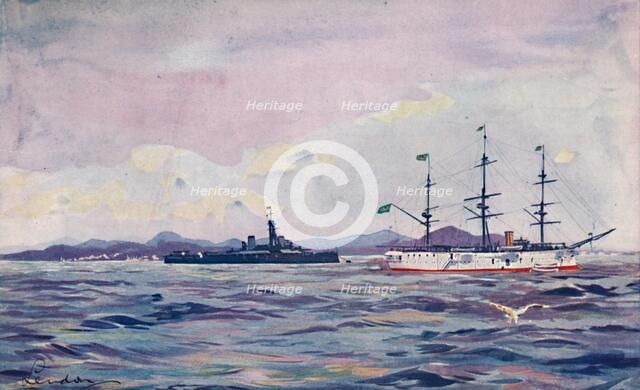 'The Benjamin Constant Training Cruiser and the dreadnought Minas Geraes in Rio Harbour', 1914. Artist: Unknown.