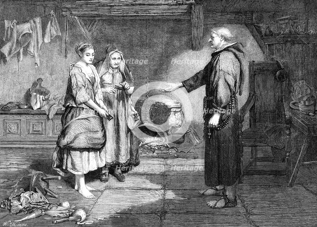 "The Bible and the Monk," by J. Pettie, in the Winter Exhibition, Suffolk-Street, 1865.  Creator: W Thomas.